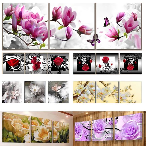 Puntada 3 piezas Pintura de diamantes de flores series floral coloridas Rose Orchid Lotus Tulip Triptych 5D Bordado Mosaico Full Square/Round