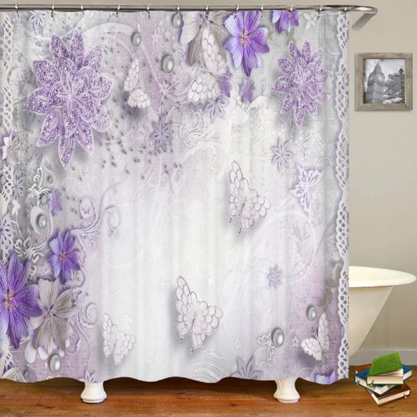 Stitch 3d Purple Flower Shower Curtain européen de style vintage Vintage Polyester Floral de salle de bain Curtains de douche à la maison Écran