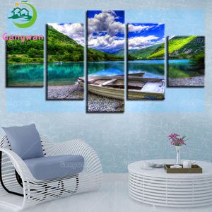 Stitch 5 pièces Mountain Lake Ship and Blue Sky Blanc Cloud Cloud Painting Diamond Painting Full Full Dring Diamond broderie Mosaic Home Decor