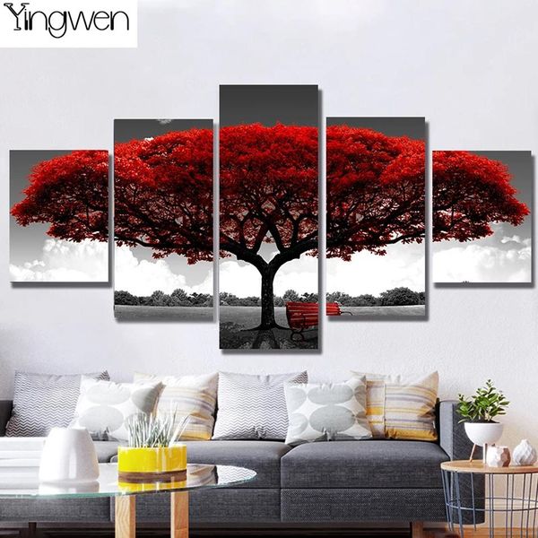 Puntada 5 piezas Arte de árbol rojo paisaje 5d Diy Diamond Pintura de diamantes Mosaic Diamond Drinestones Rhinestones Landscape Decoración del hogar Arte