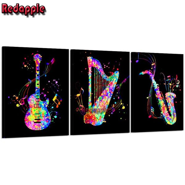 Stitch 5D Diamond broderie guitare et harpe avec notes de musique, instruments de musique, bricolage, saxophone musical moderne, décoration intérieure, 3 pièces