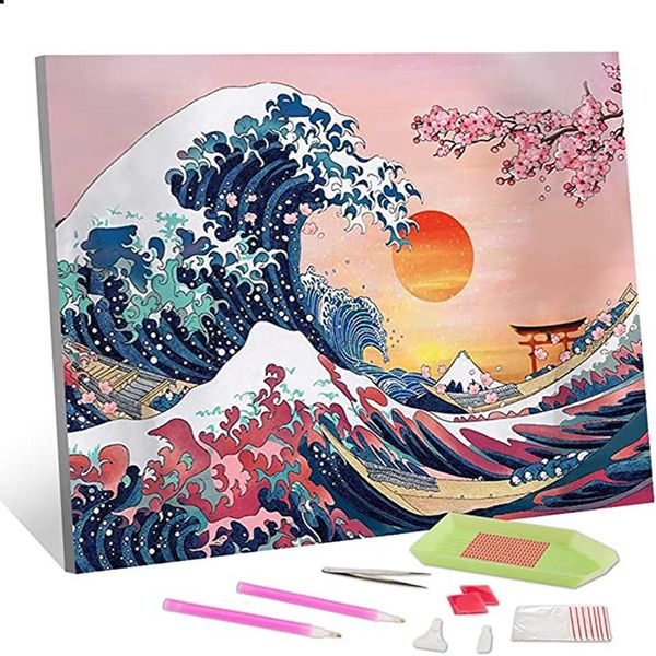 Stitch 5d Diamond Painting Great Wave with Sunset and Cherry Blossoms Full Diamond broderie Kanagawa Art Cross Home Decor Gift