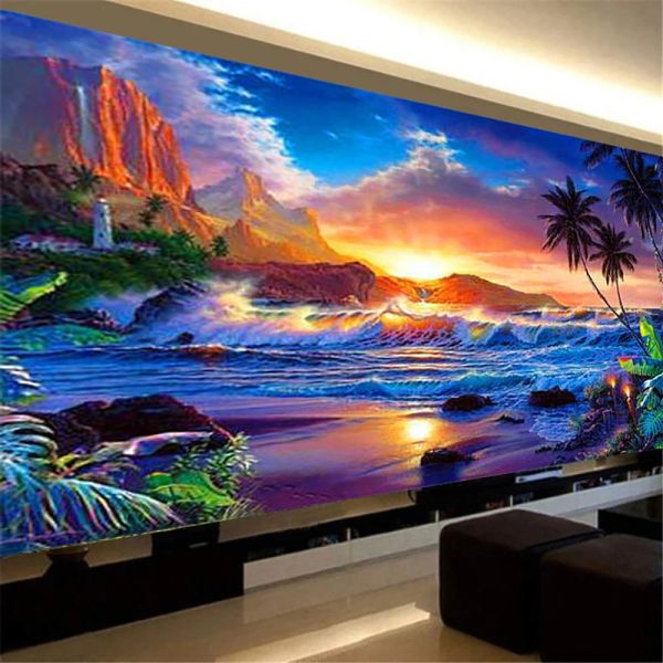 Puntada 5D DIY DIAMOND PINTA DE DIAMANTES PEQUETA Playa Bordado de diamantes Full Diamond Landscape Wall Room Modern Living Art Decoración del hogar