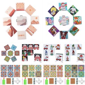 Stitch 6/8pcs Diy Square Diamond Painting Coaster Mandala Diamond Mozaic Cup Cushion Table Placemat met Rack Christmas Home Decor Cadeau