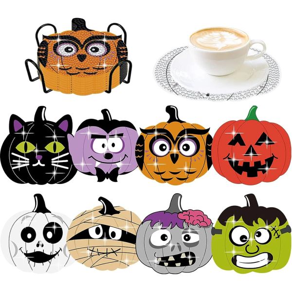 Stitch 6 / 8pcs Halloween Diamond Painting Coasters Kits DIY Scary Pumpkin Diamond Art Coasters Mat de tasse acrylique avec des coussinets de liège fête