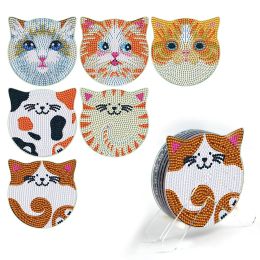 Stitch 6 unids/set posavasos con pintura de diamantes con estante Animal de dibujos animados lindo gato diamantes de imitación bordado posavasos mantel decoración del hogar