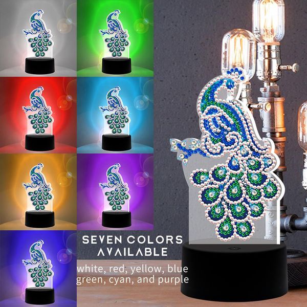 Stitch 7 coloré DIY PEINTURE DIAMOND lampe LED lampe spéciale en forme de diamant en forme de diamant croix croix broderie Diamond Peacock Rhingestone Decor