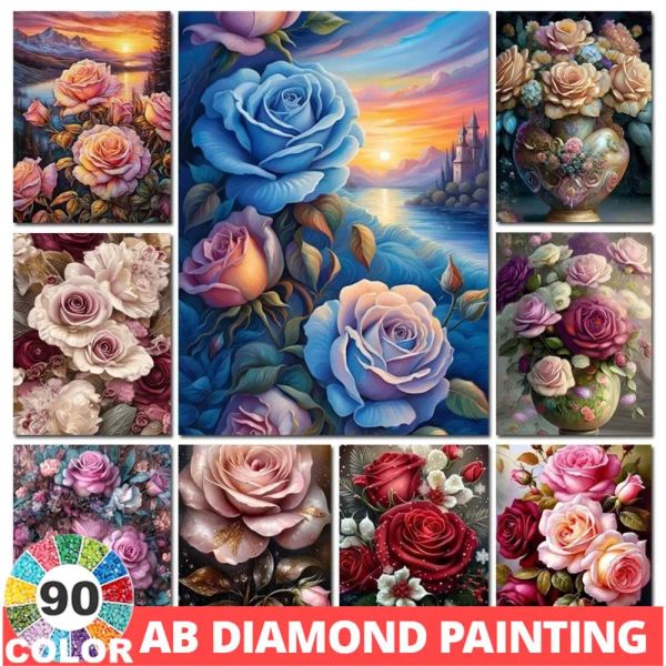 Puntada ab azul rosa rosa 5d diy 90 colores pintura de diamante flor dihinestone paisajismo bordado bordado arte de mosaico decoración del hogar