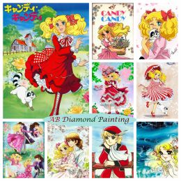 Puntitada AB Diamond Pintura de dibujos animados japoneses Candy Candy Girl Girl Flower Art Cross Stitch Kits Bordado de mosaico Decoración del hogar