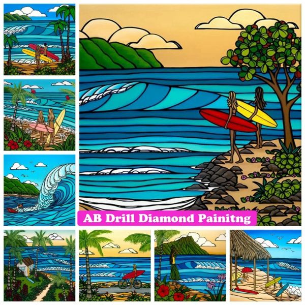 Stitch Résumé Beau paysage des îles Hawaï 5d Ab Diamond Painting Beach Seascape Surfing Cross Crost Mosaic Home Decor
