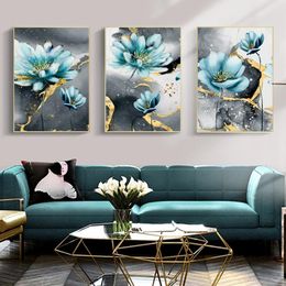 Steek abstract blauwe bloemen gouden esthetisch decoratieve diamant mozaïek diamant schilderen crossste steekpakketten home decor muur kunst drieluiker