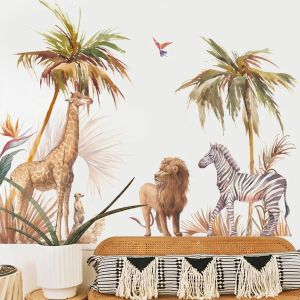 Stitch African Lion Girafe Wild Zebra Animaux Tropical Tree Tree Sticker Nursery Amouvable Vinyl Vinyl Wall Secs Kids Room Home Decor