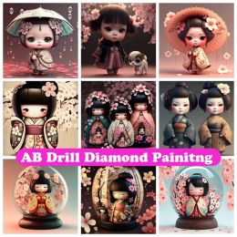 Stitch mignon japonais Kimono Doll 5d Diy Ab Diamond Painting Mosaic Cartoon Cross Stitch broderie à la main.