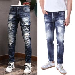Détails de couture Accent Jeans pré-endommagés Hommes Skinny Fit Ripped Bleach Wash Painted Cowboy Pants312x