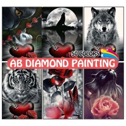 Stitch Diamond schilderen Dieren Flower 5D DIY Gray en Wit Tiger Wolf AB Boor Borduurwerk Cross Handmade Art Home Decor Gift