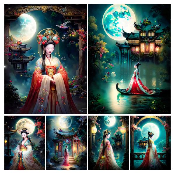 Stitch bricolage 5d Mosaic Arts Ancient Chinois Pavilion Femme Diamond Painting Moon Night Night Full Rhinestone Picture JX0010 JX0010