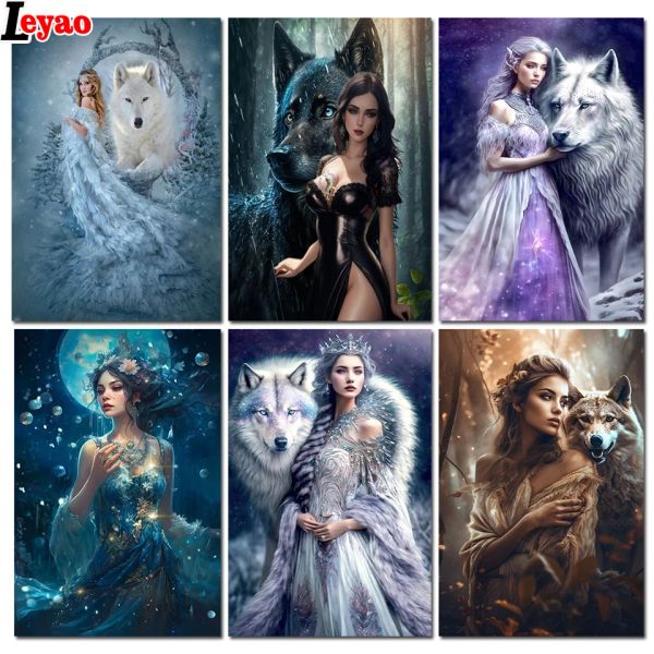 Puntitada Diy Diamond Painting Woman and Wolf Full Square Square Round Diamond Bordery Bordery Bordery Mosaic Art Picture Mural Home Decoration