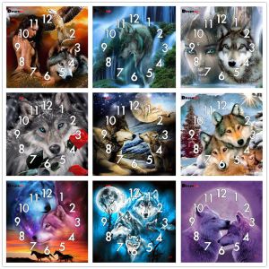 Stitch dprue Full Diamond Painting Cross Stitch Animal Wolf met klokmechanisme Mozaïek 5D DIY Square Round 3D Borduurwerk geschenk