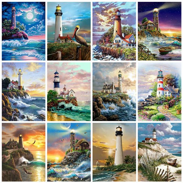 Stitch Evershine Diamond Broidery Lighthouse 5d Full Square Diamond Painting Landscape Seaside Sunset Rhinestone Pictures Home Decor