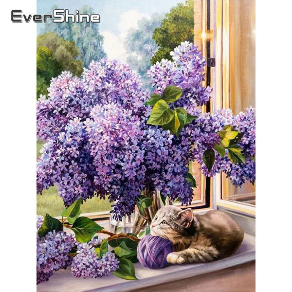 Puntada Evershine Diamond Painting Flowers Lilac Full Square Diamond Bordado Cat Rhinestones Cross Stitch Mosaic Art Hobby Decoración del hogar