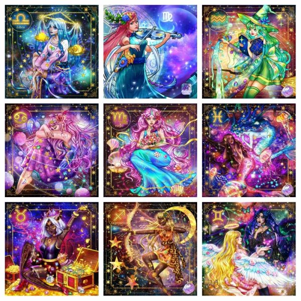 Stitch Fantasy Zodiac Signe Art Diamond Painting AB DROIS ARGES PISCES VIRGO Constellation Cartoon Fairy Cross Stitch Mosaic Home Decor
