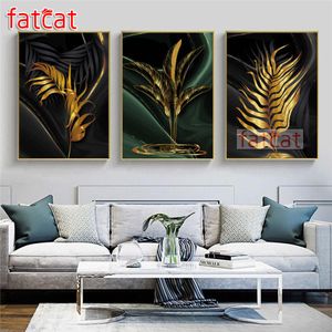 Stitch Fatcat Gold et Green Leaves Triptych Diamond Painting 5d Square Square Round Round Mosaic Bembodeswork Home Decor AE3300