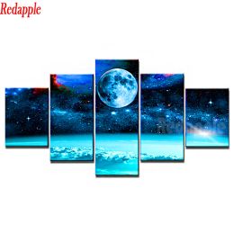 Puntada de diamantes cuadrado de puntada, 5 panel, planeta, universo, espacio, cielo estrellado, tierra, luna, mosaico de bordado de diamantes, sala de estar