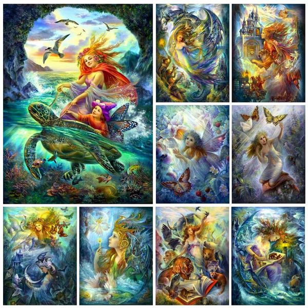 Puntada CUADRO CUADRO/RED REDONDS 5D DIY Diamond Diamond Fantasy Angle Fairy Girl Cross Stitch Mosaic Art Kit Decoración de pared para el hogar