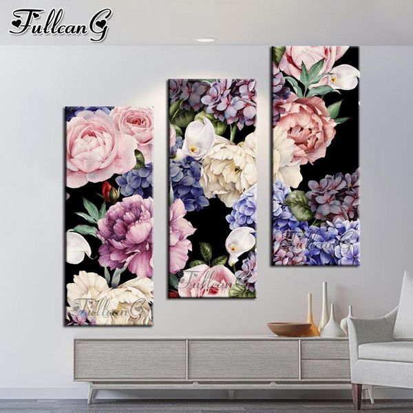 Stitch Fullcang Fleurs de pivoine colorée extra grande grande triptyque peinture de diamant