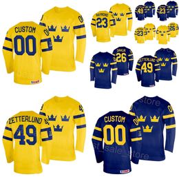 Stitch Hockey Sweden 33 Samuel Ersson Jerseys 9 Adrian Kempe 14 Joel Eriksson Ek 23 Lucas Raymond 26 Rasmus Dahlin 28 Marcus Pettersson 2024 IIHF Wereldkampioenschap