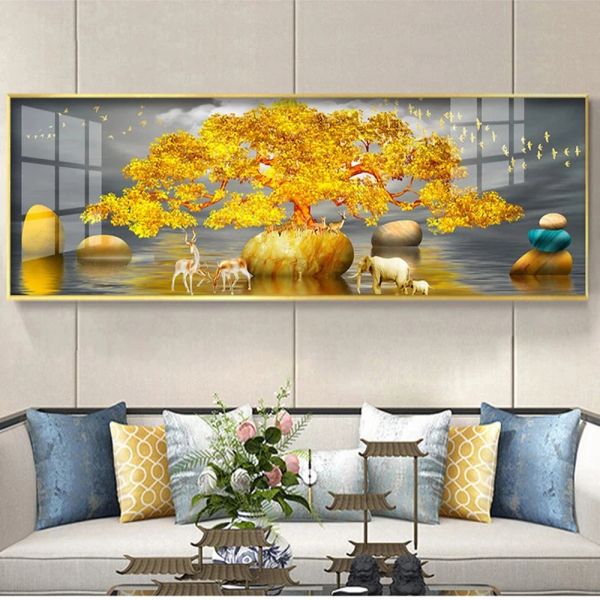 Stitch Modern Elk Fortune Tree Golden Paysage DIY PEINTURE DIAMOND KITS CROSS