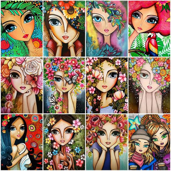 Stitch Momoart Diamond Painting Girl Woman Mosaic Flower Cross Bordery Bordado de dibujos animados Rhinestones Decoración del hogar