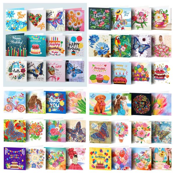 Stitch New DIY 12 tarjetas de felicitación con pintura de diamantes, mariposas, flores, tarjetas de bendición para mujeres, tarjetas de cumpleaños, tarjetas de agradecimiento