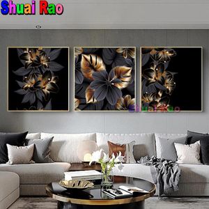 Stitch Triptych Zwart gouden blad bloem vol vierkant/ronde diamant borduurwerk religieus patroon kruissteek handgemaakte diamanten schilderij