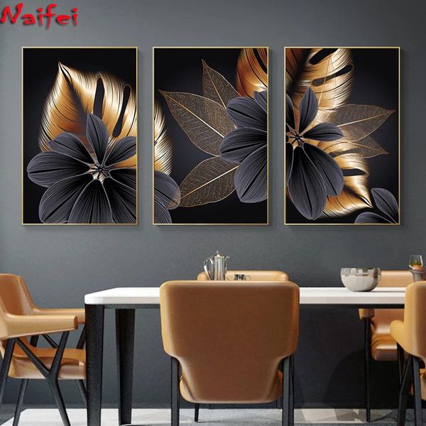 Puntada triptych negro planta dorada decoración del hogar arte de pared abstracto pintura de diamantes