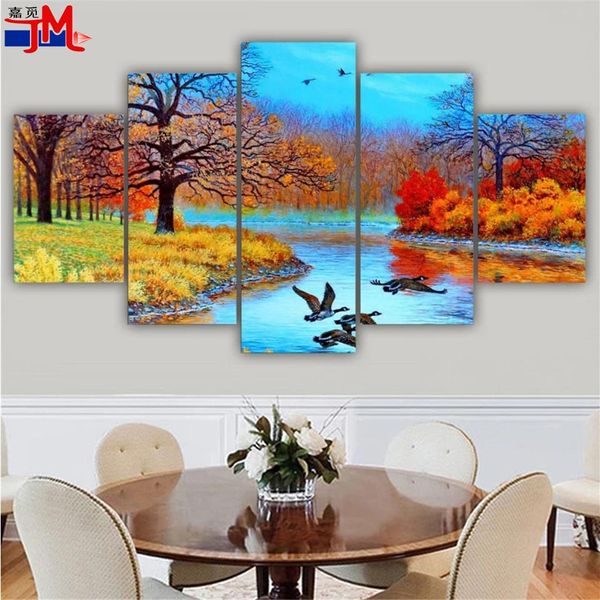 Arte de pared de puntada Pintura de diamantes 5 paneles Hermosos paisajes Cross Puntitch Mosaico Mosaico de otoño Costería Bordado de diamantes