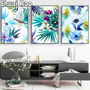 Couleur d'eau de point Parrot Llant Feuilles et fleurs Broderie de diamant entièrement rond Paint Diamond Paint 3 pièces Paysage Art Triptych