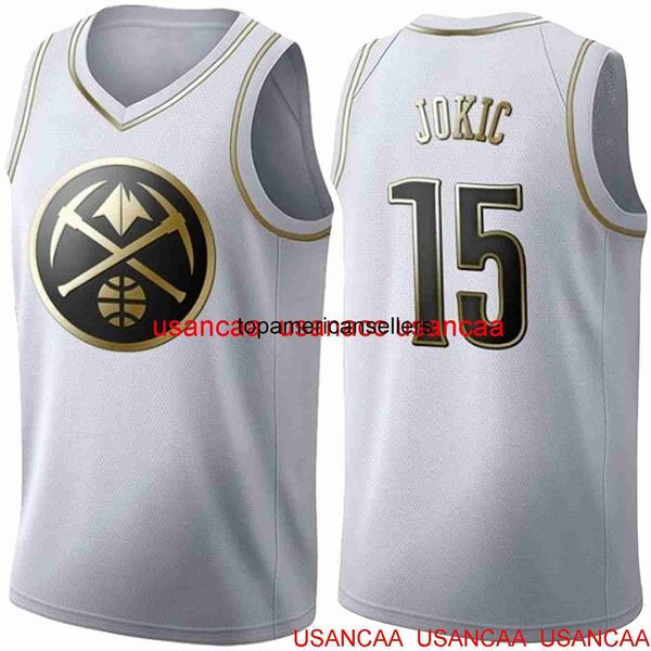 Cousu # 15 Jokic White Gold Basketball Jersey personnalisé hommes femmes jeunes maillot de basket-ball XS-5XL 6XL