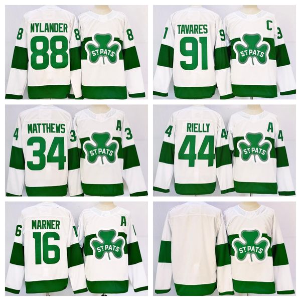 Cousu 2024 Auston Matthews 34 Marner 16 Nylander 88 Tavares 91 Morgan Rielly 44 White St. Patricks Jersey Toronto St.Pats Hockey Jerseys S-XXXL Hommes Jersey Nouveau