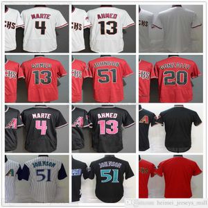 Baseball cousu 13 Maillots Nick Ahmed Blanc Rouge Noir 4 Starling Marte 51 Randy Johnson 20 Maillot Luis Gonzalez Blanc No Number Name for