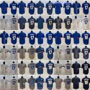 2024 Nouveau Baseball 18 Yoshinobu Yamamoto Jersey Stitch Home away 17 Shohei Ohtani Jerseys Bleu Blanc Gris Chemise de sport respirante Homme Femme Jeunesse Enfants Garçons XS-6XL