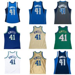 Gestikt basketbalshirt #41 Dirk Nowitzki 1998-99 2003-04 wit blauw mesh Hardhout klassieke retro jersey Heren dames Jeugd S-6XL