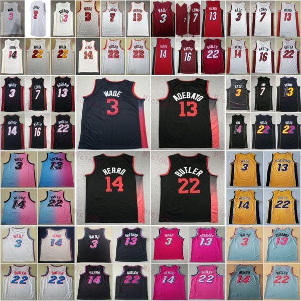 Maillot de basket-ball cousu City Dwyane Wade 3 hommes Tyler Herro 14 Butler 22 Bam Adebayo 13 respirant pour les fans de sport équipe noir rouge blanc jaune bleu