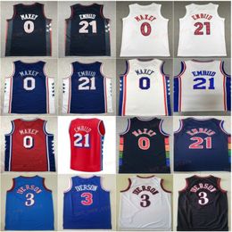 Cousu City Basketball Tyrese Maxey Jersey 0 Joel Embiid 21 Iverson Team Couleur Bleu Marine Blanc Rouge Noir Association gagnée