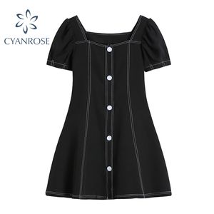 Vestido corto de diseño cosido para mujer, manga corta, ropa de calle en blanco y negro, minivestidos de moda ajustados, cuello cuadrado, vestidos de Clubwewar 210417