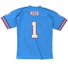 Gestikt voetbalshirt 1 Warren Moon 1993 wit blauw mesh retro Rugby jerseys Heren Dames en Jeugd S-6XL