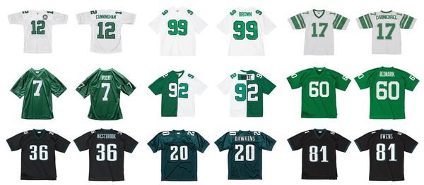 Maillot de football cousu 12 Randall Cunningham 92 Reggie White 99 Jerome Brown Vick Celek Bednarik Westbrook Dawkins Maillots de rugby rétro Mitchell Ness Hommes S-6XL