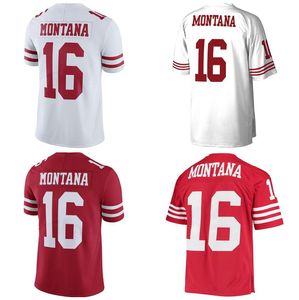 Gestikte voetbalshirts 16 Joe Montana Heren Dames Jeugd S-3XL rood zwart wit shirt