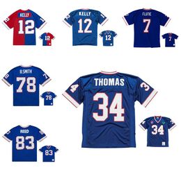 Jerseys de football cousus 34 Thurman Thomas 12 Jim Kelly 7 Doug Flutie 78 Bruce Smith 83 André Reed Mesh Legacy Retired Retro Classics Jersey Men Women Youth Youth S-6XL