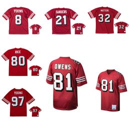 Jerseys de fútbol cosido Jerry Rice Terrell Owens Joe Montana Deion Sanders Steve Young Patrick Willis Watters Taylor Ronnie Lott Mesh Legacy Jersey retirado